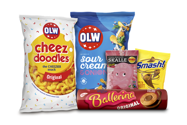 Ett urplock av produkter från Orkla Confectionery & Snacks. 